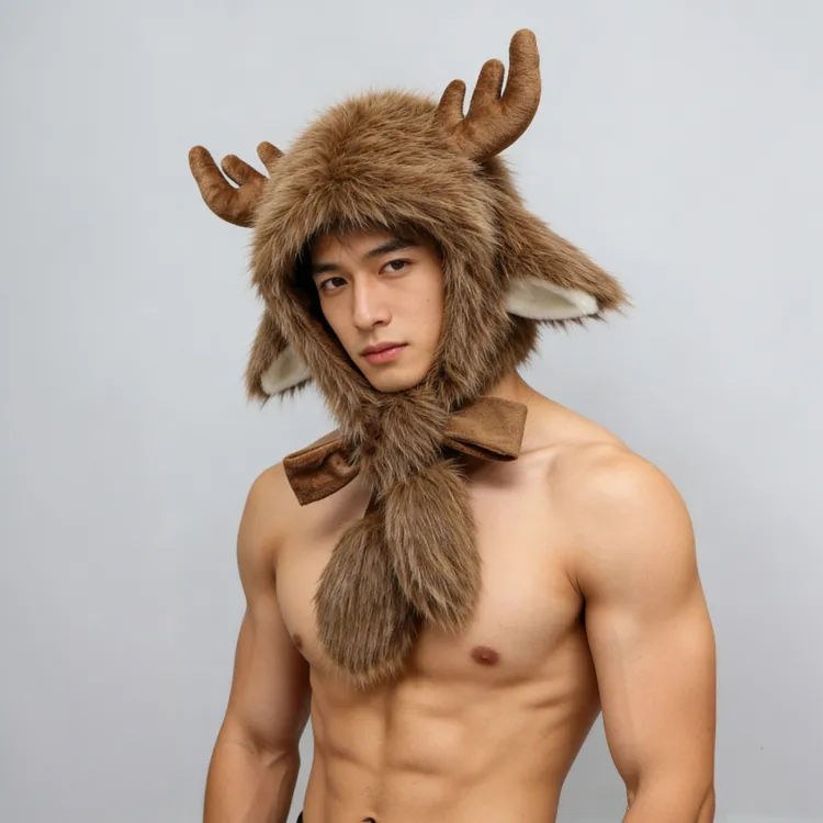 圣诞麋鹿角泰迪绒雷锋帽子女秋冬毛绒保暖百搭学生情侣绑带护耳帽