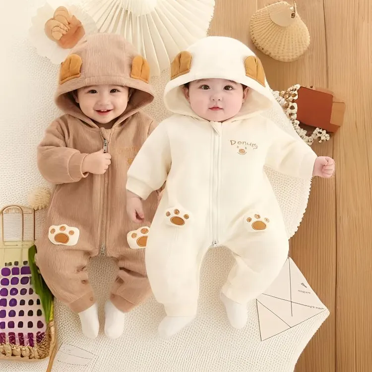 加绒加棉冬款熊墩墩趴趴乐婴幼长袖洋气爬服男女宝可爱萌系连体衣