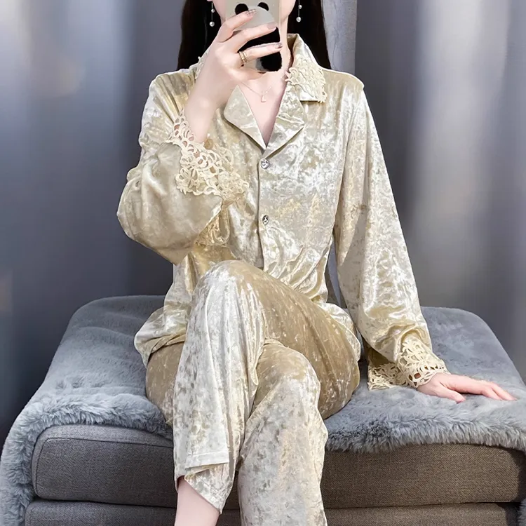 tpvl2025新款金钻绒睡衣女秋冬季家居服套装高级感可外穿蕾丝花边