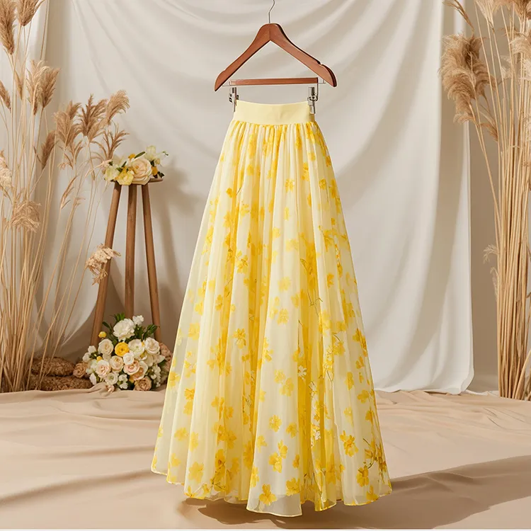 今年爆款新款小个子法式垂坠感超好看高腰黄色碎花半身裙子女春季