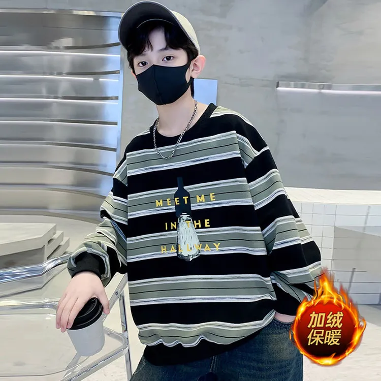 2025新款男童儿童加绒卫衣秋款男孩宝宝衣服爆款帅气大童条纹上衣