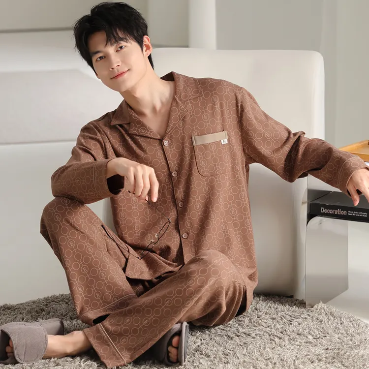 秋冬季男士纯棉开衫反领可外穿100%棉家居服套装睡衣棕色【26802】