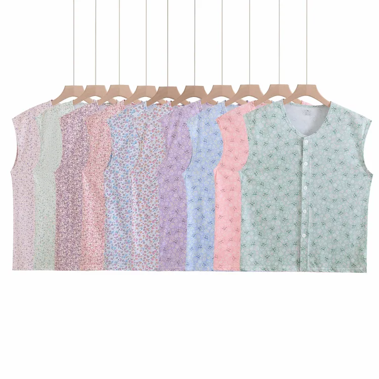  中老年纯棉开衫宽肩砍袖女背心无袖系扣全棉宽肩睡衣上衣打底衫