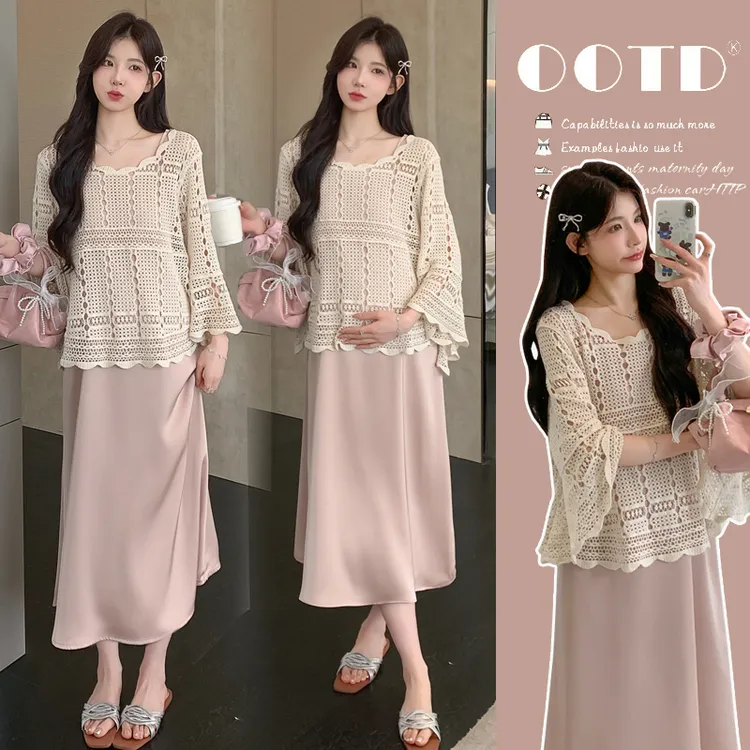 时髦孕妇装新款2025夏季缎面醋酸吊带裙时尚针织勾花防晒罩衫套装