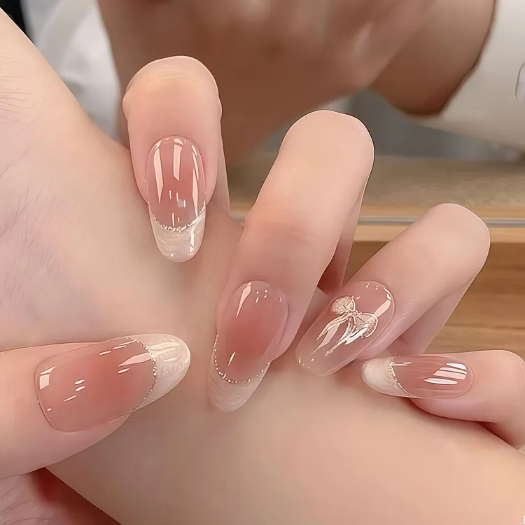 【金玉腰】026裸粉法式金边蝴蝶结点缀温柔优雅手工穿戴甲