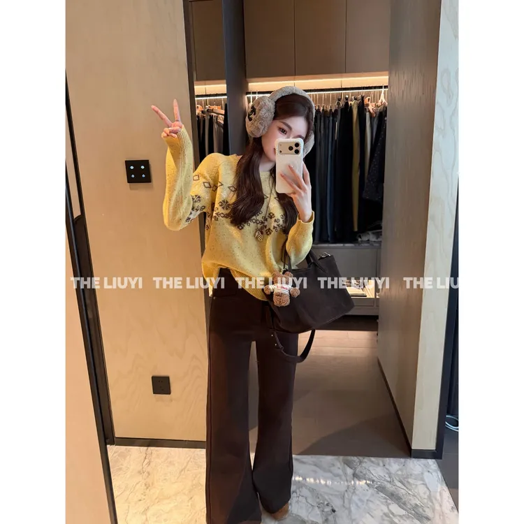 【LIUYI】燕麦拿铁~冬季加绒加厚咖色微喇高腰显瘦牛仔裤510222