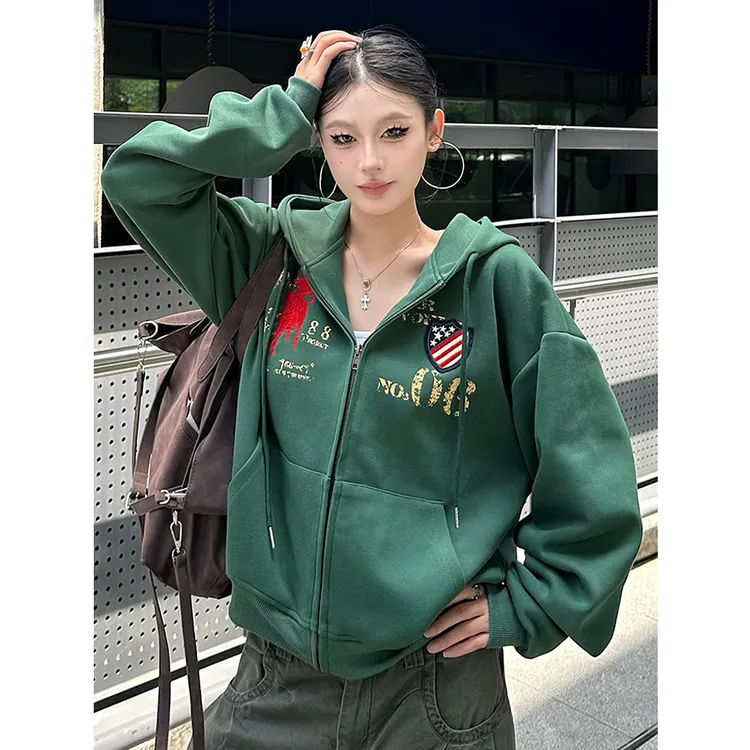 美式复古设计感字母印花连帽卫衣外套女2025秋季宽松百搭开衫上衣