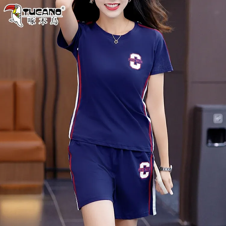 啄木鸟2025夏女装新款女士运动服套装休闲时尚宽松短袖短裤两件套