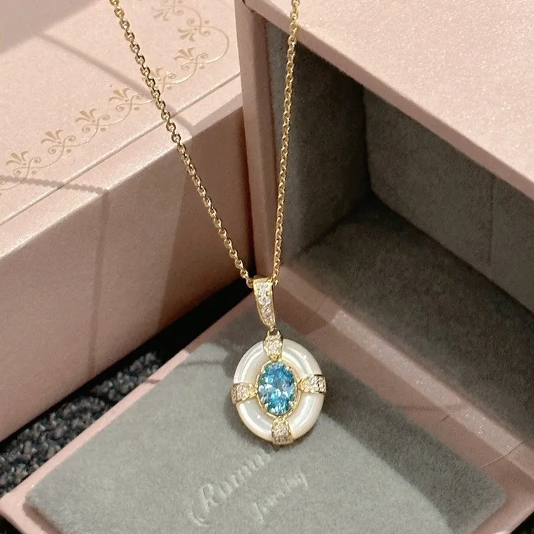 高碳钻s925银梦幻海蓝宝石项链中古风