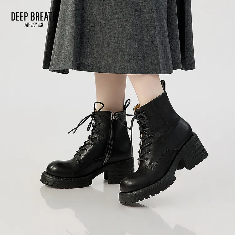 DEEP BREATH深呼吸新款女鞋牛皮侧拉链绑带粗跟马丁靴短靴AX15243