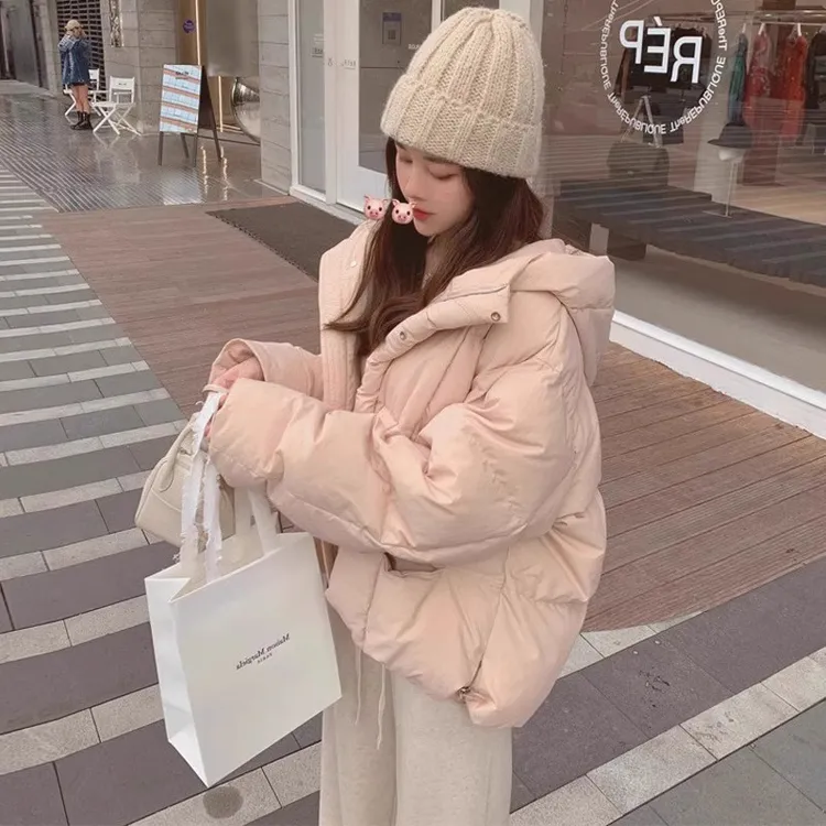 粉色短款连帽服女2025冬新款韩版小个子宽松学生面包服棉衣