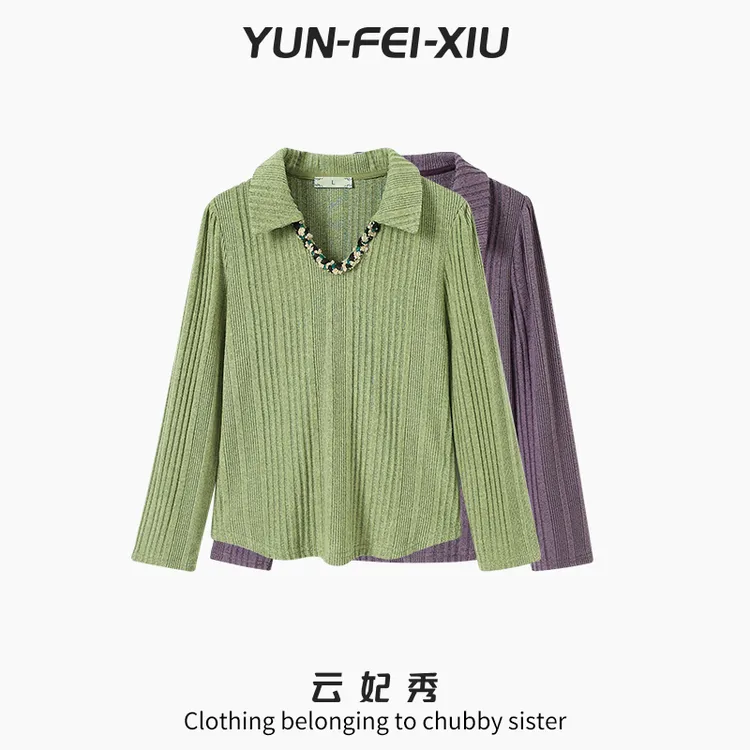 云妃秀大码女装针织衫竖条纹翻领休闲宽松显瘦遮肉胖妹妹秋季8945