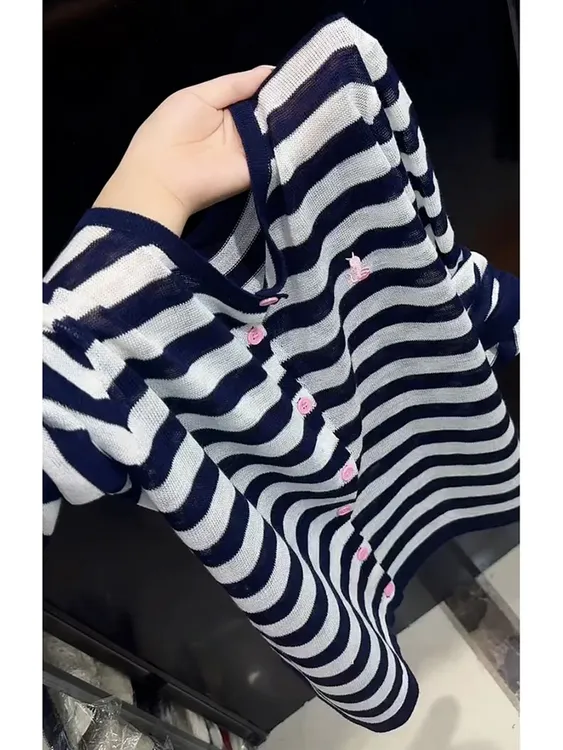 法式复古软糯慵懒风高级感超好看上衣蓝色条纹针织开衫毛衣女秋季