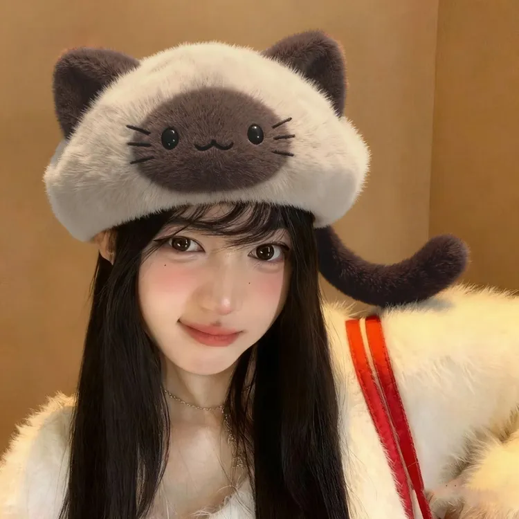 【宝贝】2025新款可爱猫咪耳朵暹罗猫女秋冬保暖百搭贝雷显脸小