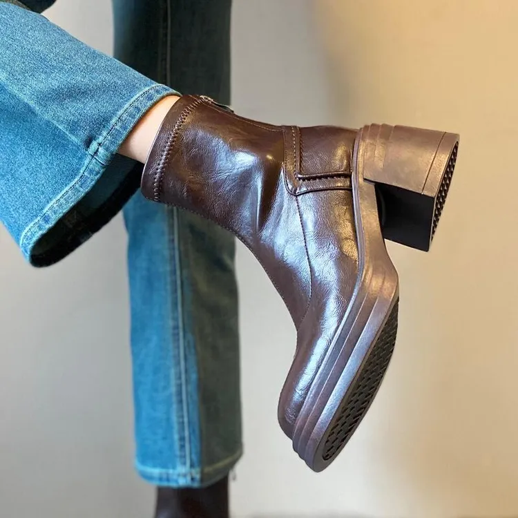 小个子增高短靴女厚底7厘米防水台马丁靴后拉链新款高跟弹力靴子