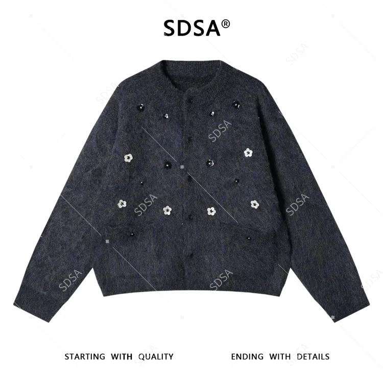 SDSA秋冬新款痞帅男装潮牌重工立体花朵装饰圆领针织衫百搭毛衣潮