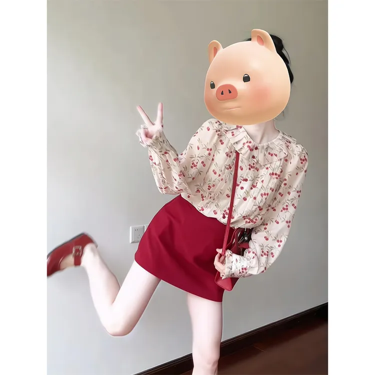 法式娃娃领碎花防晒衬衫小衫上衣红色半身裙a字包臀短裙2025春夏