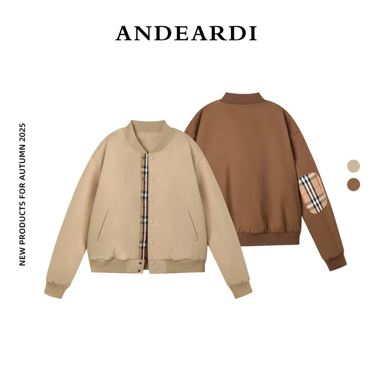 ANDEARDI格纹拼接棉衣棒球领休闲时尚拼色宽松外套夹克