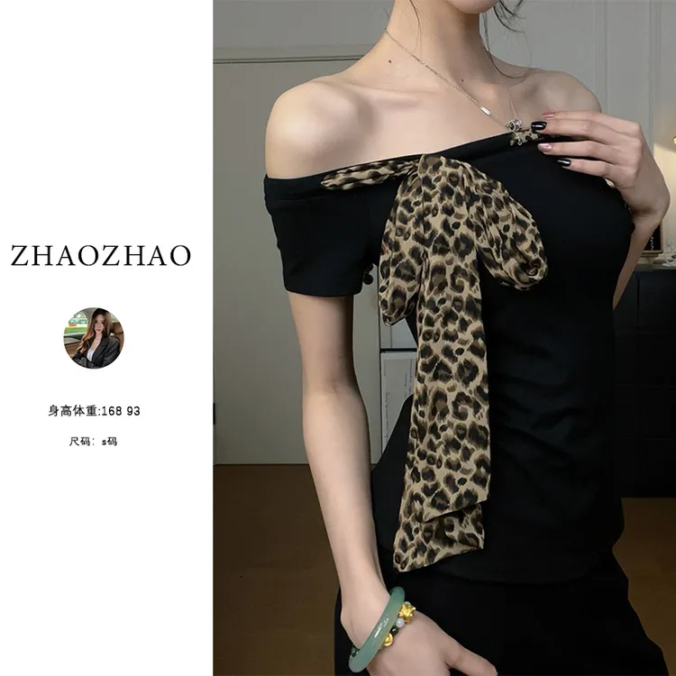 辣妹豹纹飘带设计短袖初秋修身气质显瘦上衣