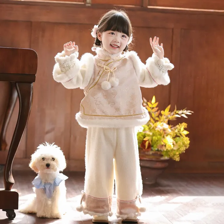 巴拉开门红女童新中式冬季儿童套装加绒夹棉加厚新女3岁女宝汉服