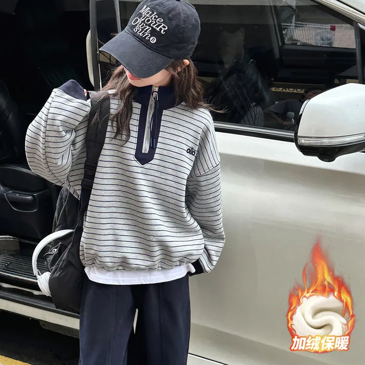 女童加绒卫衣套装2025新款洋气大童加厚儿童一体绒12-15岁两件套