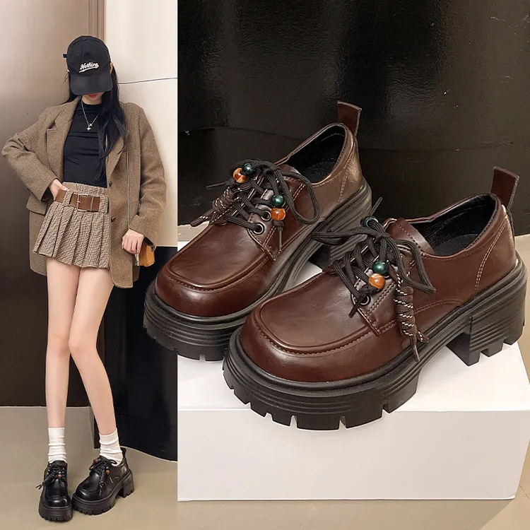 6.5厘米新款厚底增高细带挂件装饰乐福百搭单鞋粗跟小个子女