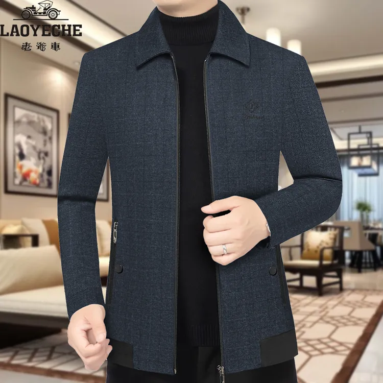 老爷车弹力毛呢春秋季男士翻领中老年爸爸装上衣宽松休闲春装外套