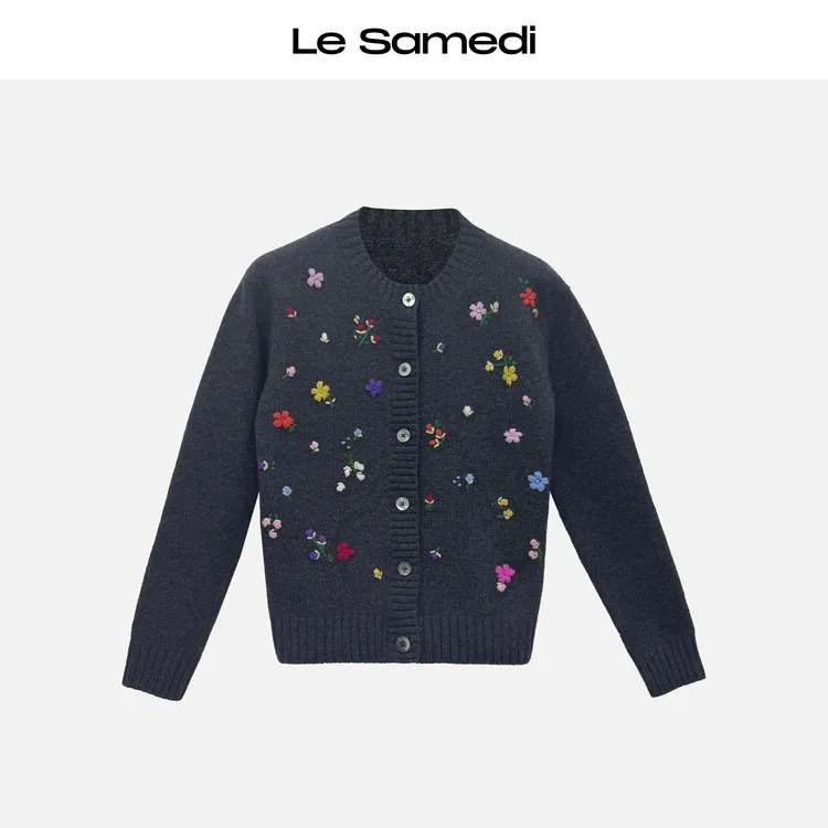 Le Samedi【熠熠生花】法式浪漫 手工立体绣花羊绒羊毛针织开衫