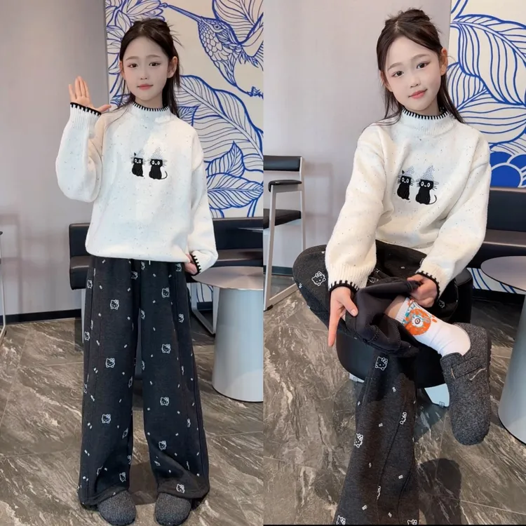 女童冬季套装8儿童套头半高领针织毛线衣+阔腿直筒休闲裤两件套12