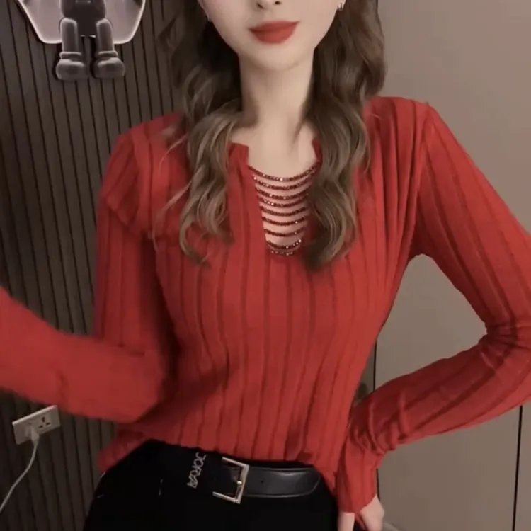 韩系V领针织衫女秋冬新款时尚修身百搭镂空显瘦通勤长袖上衣