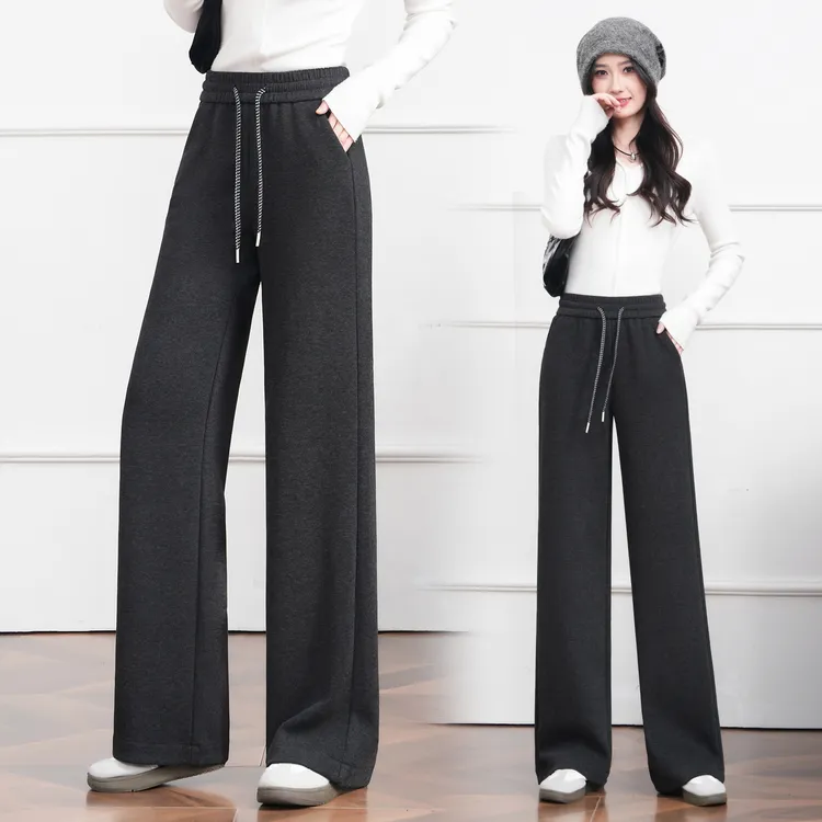 松紧高腰加绒休闲直筒裤女2025冬季新款毛呢极简风垂感宽松阔腿裤商品图
