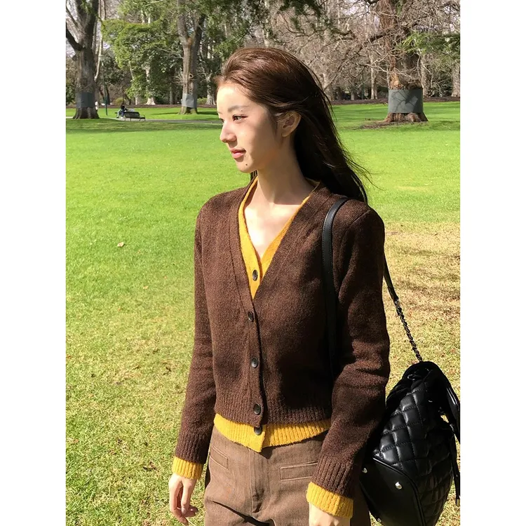 咖啡色V领假两件针织开衫女秋冬美拉德穿搭设计感毛衣外套上衣厚