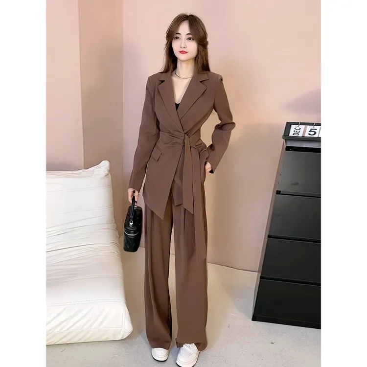 大码时尚系带职业西服套装女2025秋新款显瘦外套西装阔腿裤两件套