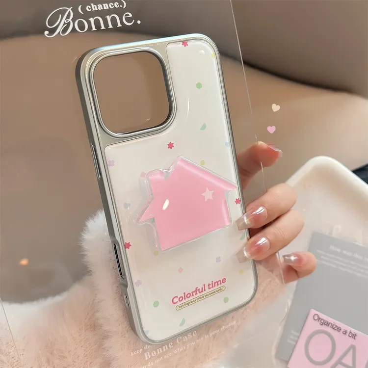 韩系粉色小屋支架适用16苹果15promax手机壳iphone14银边滴胶13硬