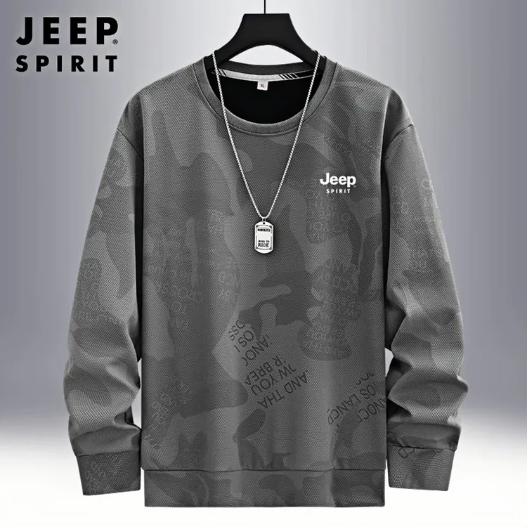 JEEP吉普春秋款卫衣男迷彩大码打底衫潮流宽松加绒加厚长袖T恤男