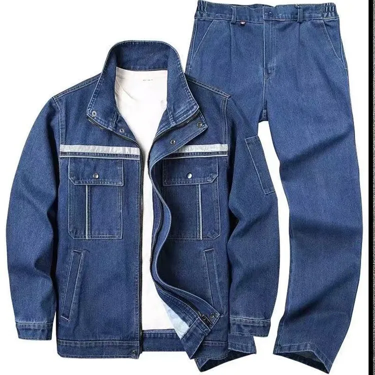 春秋款牛仔工装纯棉加厚立领套装防烫耐磨工厂焊工打磨工劳保服装
