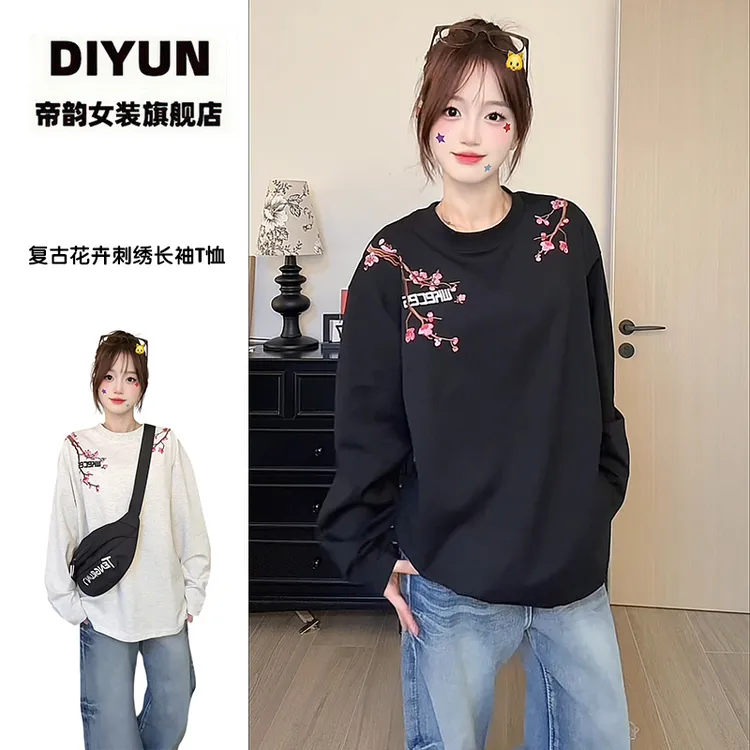 【帝韵】美式复古花卉刺绣长袖T恤女早秋穿搭新款情侣潮流ins风上衣