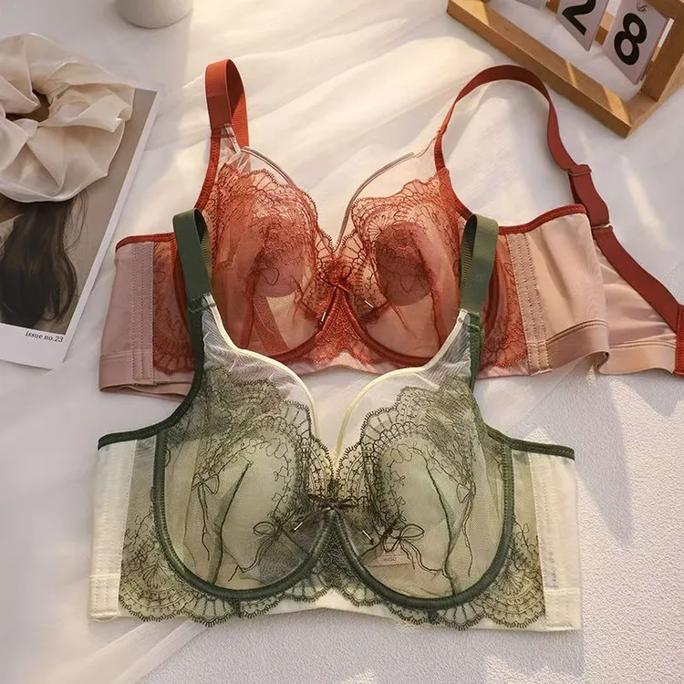 兔耳朵水晶杯蕾丝内衣女防下垂超薄大胸显小聚拢性感文胸