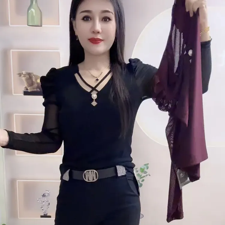 纯欲慵懒风女装洋气减龄V领上衣时尚百搭精致小衫修身显瘦长袖T恤