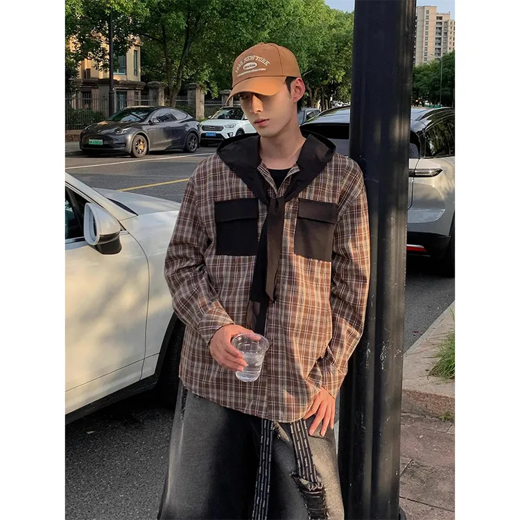 卡其色连帽格子防晒衬衫男款夏季拼接设计感系带格纹长袖衬衣外套
