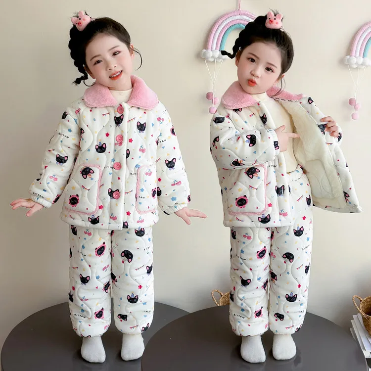 儿童睡衣冬加厚加绒女童冬款三层夹棉女孩宝宝外穿睡袄家居服套装