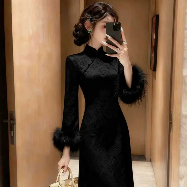 高级黑新中式旗袍敬酒服加绒加厚订婚结婚礼服裙女高级感回门婚礼