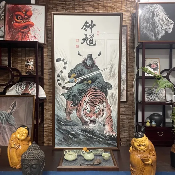 手绘国画《天师钟馗》124*64cm实木框 茶室玄关客厅办公室挂画 免装