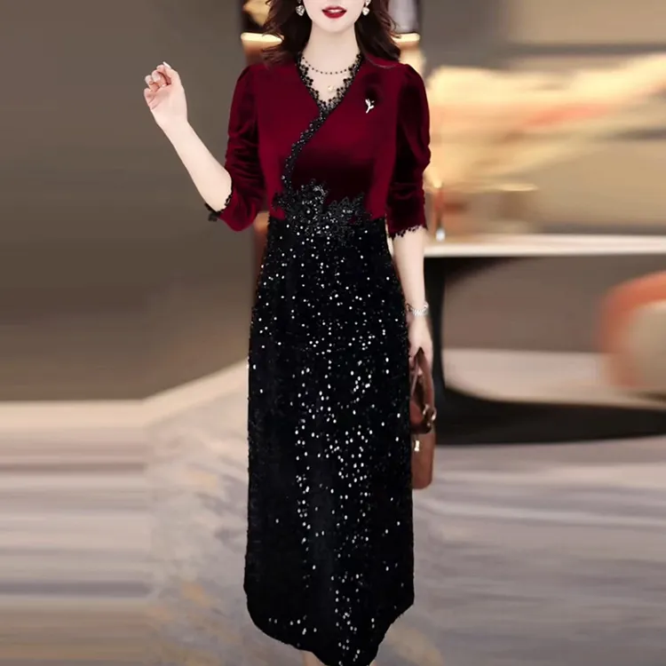 水晶绒红色婚宴礼服裙2025秋冬季新款高级感轻奢加厚假两件连衣裙