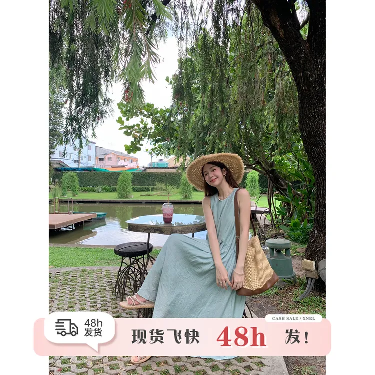 现货陳文文【夏诺赫本】夏季极简风温柔显瘦显白无袖背心连衣裙5567