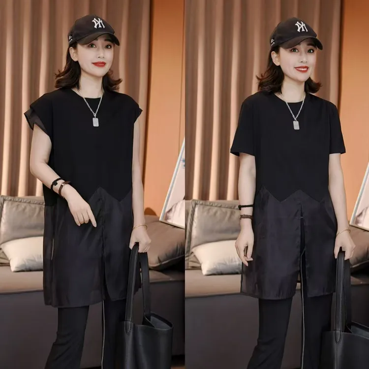 时尚潮流圆领T恤拼接欧根纱显瘦洋气宽松打底百搭休闲上衣