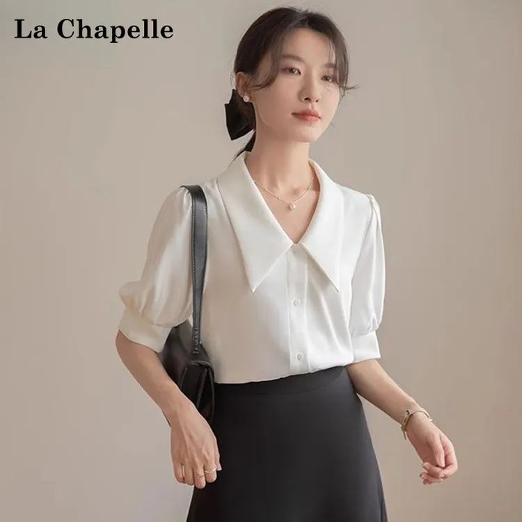 La Chapelle/拉夏贝尔夏季轻熟风上衣女小众垂顺免烫短袖白色衬衫
