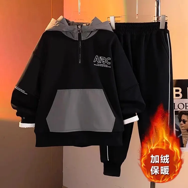 男童连帽加绒卫衣套装2025冬季新款中大童字母印花冬款运动两件套