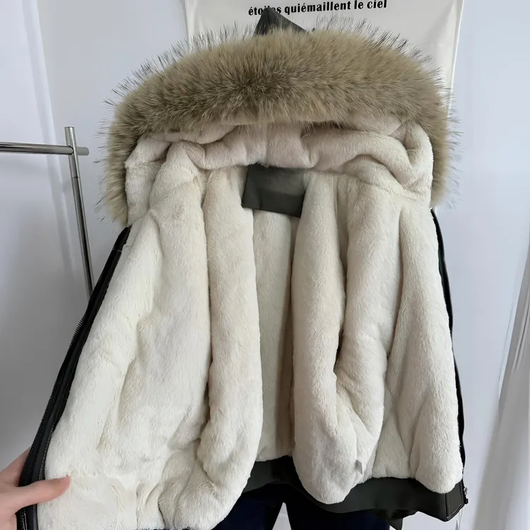 皮毛一体毛领座山雕棉服冬季女加绒加厚宽松连帽棉衣外套保暖棉袄