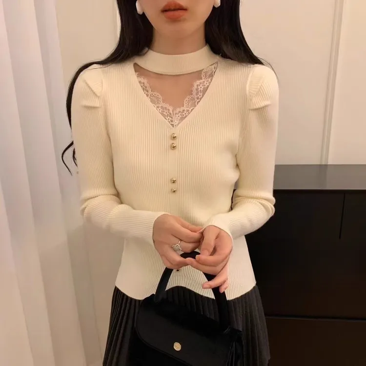 新款加厚V领挂脖毛衣打底衫女秋冬新款蕾丝拼接修身显瘦内搭针织